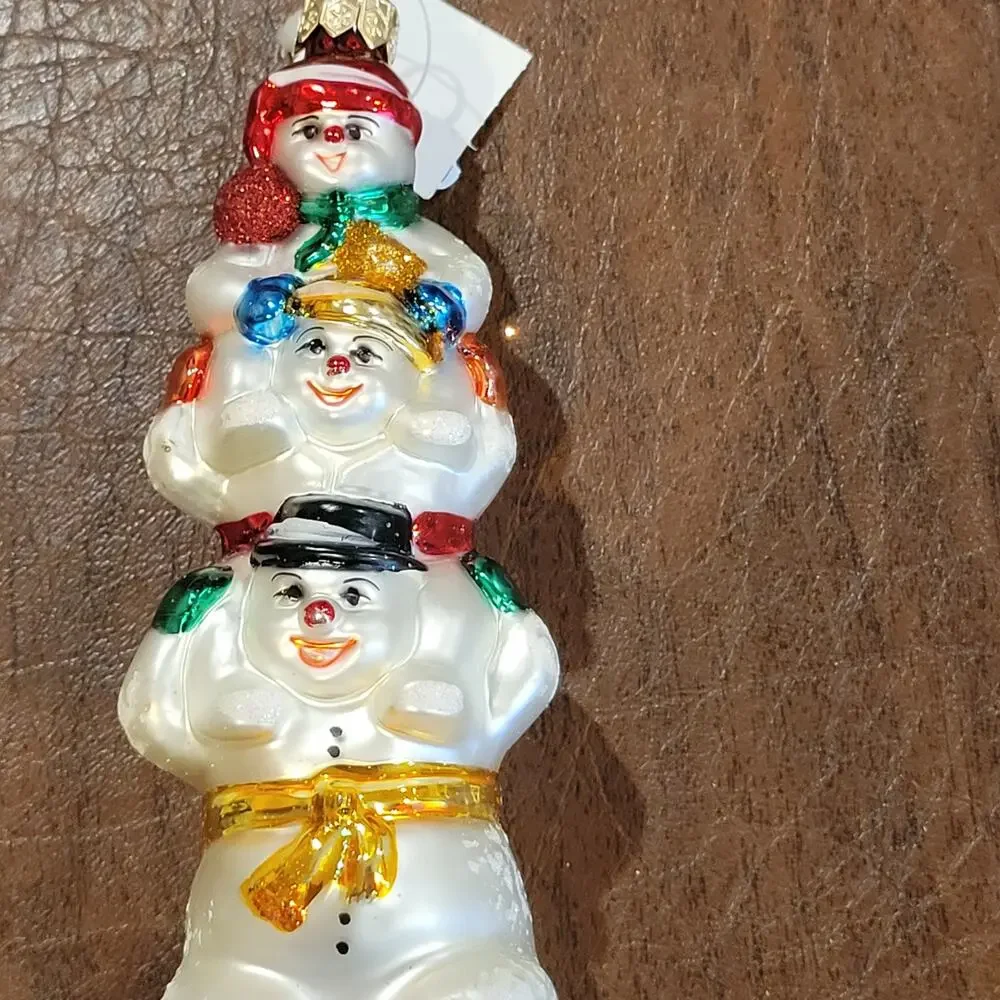 Vintage Snowman Stack Totem Pole Blown Glass Christmas Ornament Made in Poland